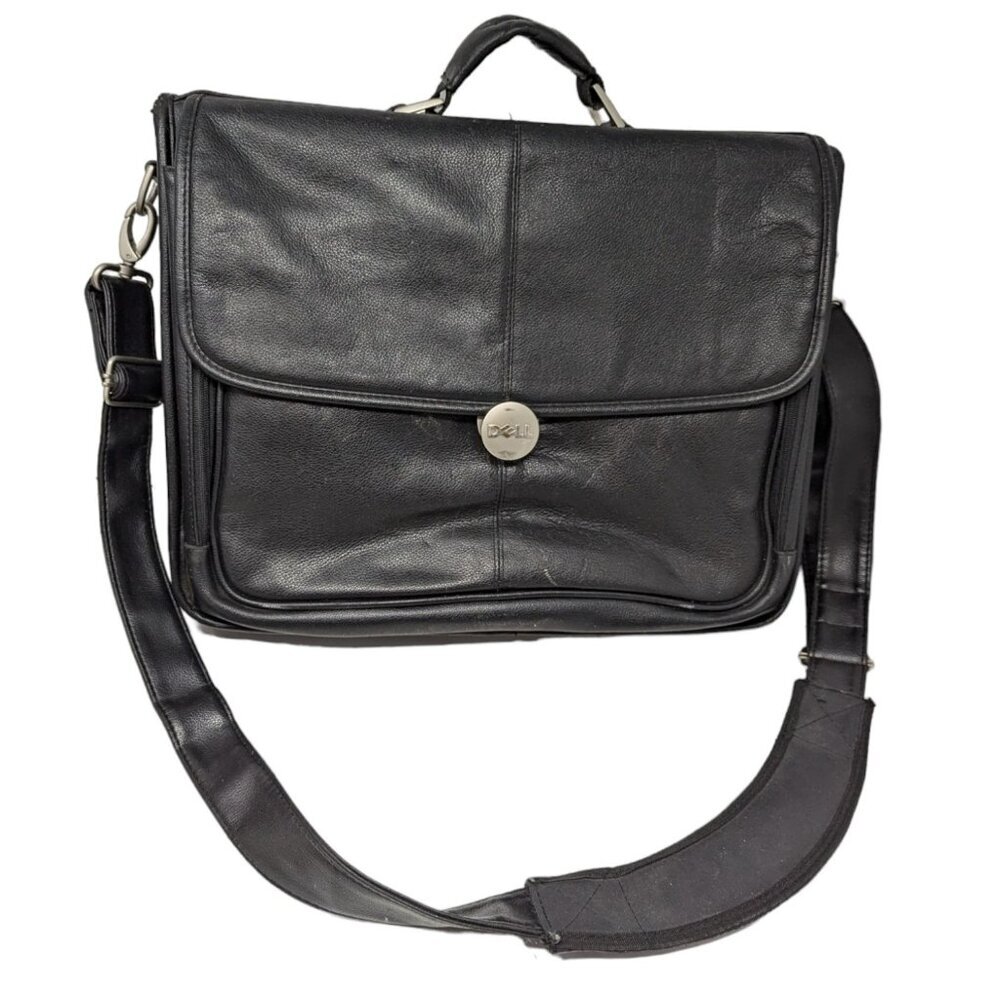 Vintage Dell Black All Leather Laptop Briefcase Messenger Bag Carry On
